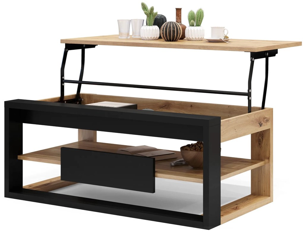 FRAME Dub Artisan / Čierny mat - MODERNÝ STÔL SO ZDVÍHACÍM VRCHOM + ÚLOŽNÝM PRIESTOROM + POLICA