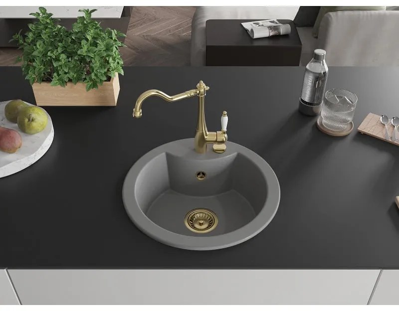 Mexen Diego, granitový drez 488x488x167 mm, 1-komorový a drezová batéria Carla, šedá, 6512-71-670700-50