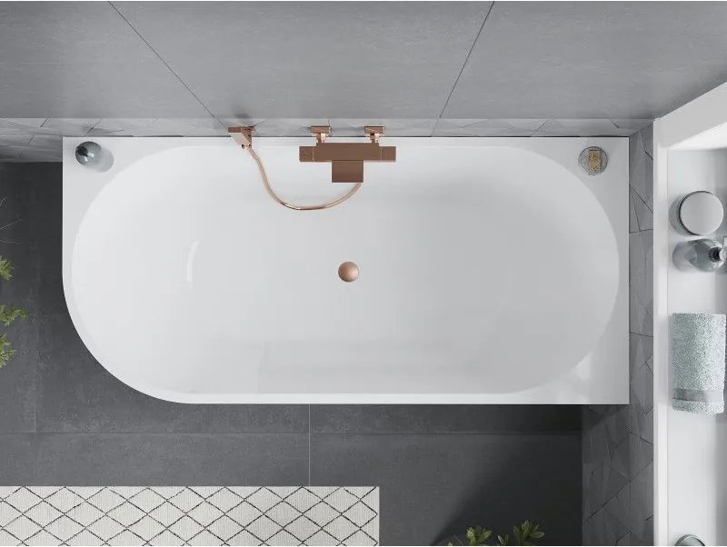 Mexen Mia, voľne stojaca rohová vaňa pravá 140 x 75 cm, biela/čierna, medený matný prepad, 52691407575P-65