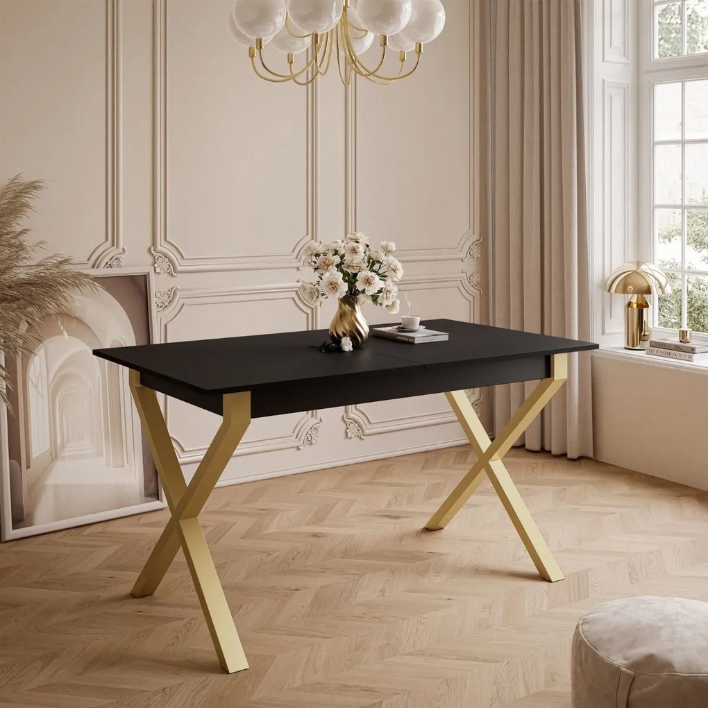 ROZKLADACÍ JEDÁLENSKÝ STÔL DANILO ČIERNY + ZLATÉ X NOHY 140 / 195 cm
