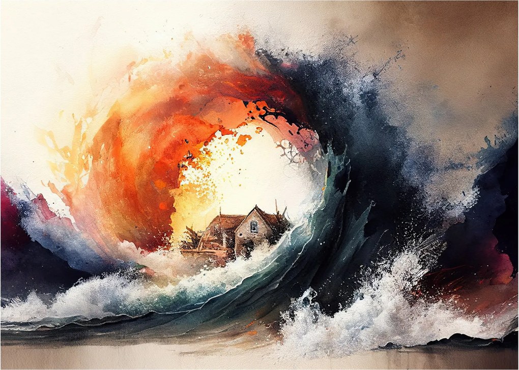 Sklenený obraz - Vo víre povodne, akvarel (70x50 cm)