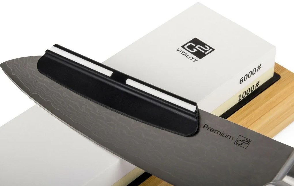 G21 Damascus Premium sada nožov v bambusovombloku, 4 ks + brúsny kameň