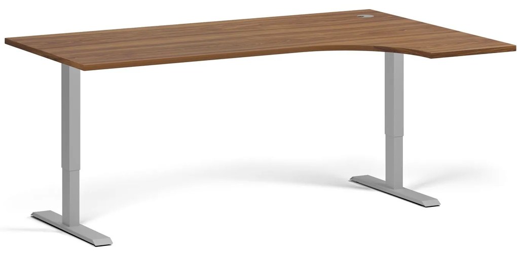 Rohový výškovo nastaviteľný stôl, 180x120 cm, 1 motor, L/P, sivá podnož, orech