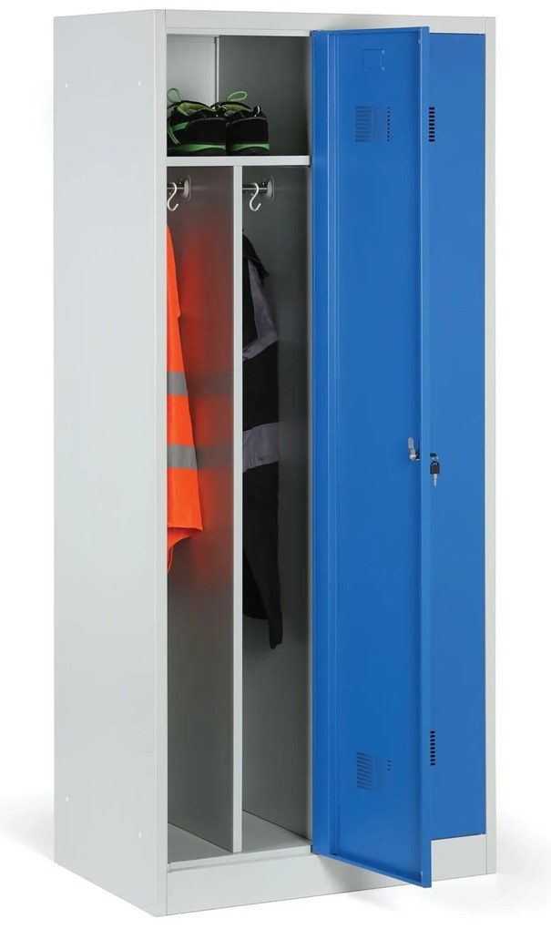 Kovová šatníková skrinka S1 s medzistenou, 2 oddiely, 1850 x 800 x 500 mm, cylindrický zámok, zelené dvere