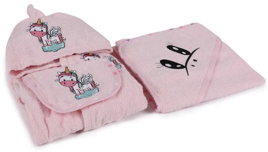 Ružový bavlnený detský župan a osuška v súprave 3 ks veľkosť 0-2 roky Unicorn – Foutastic
