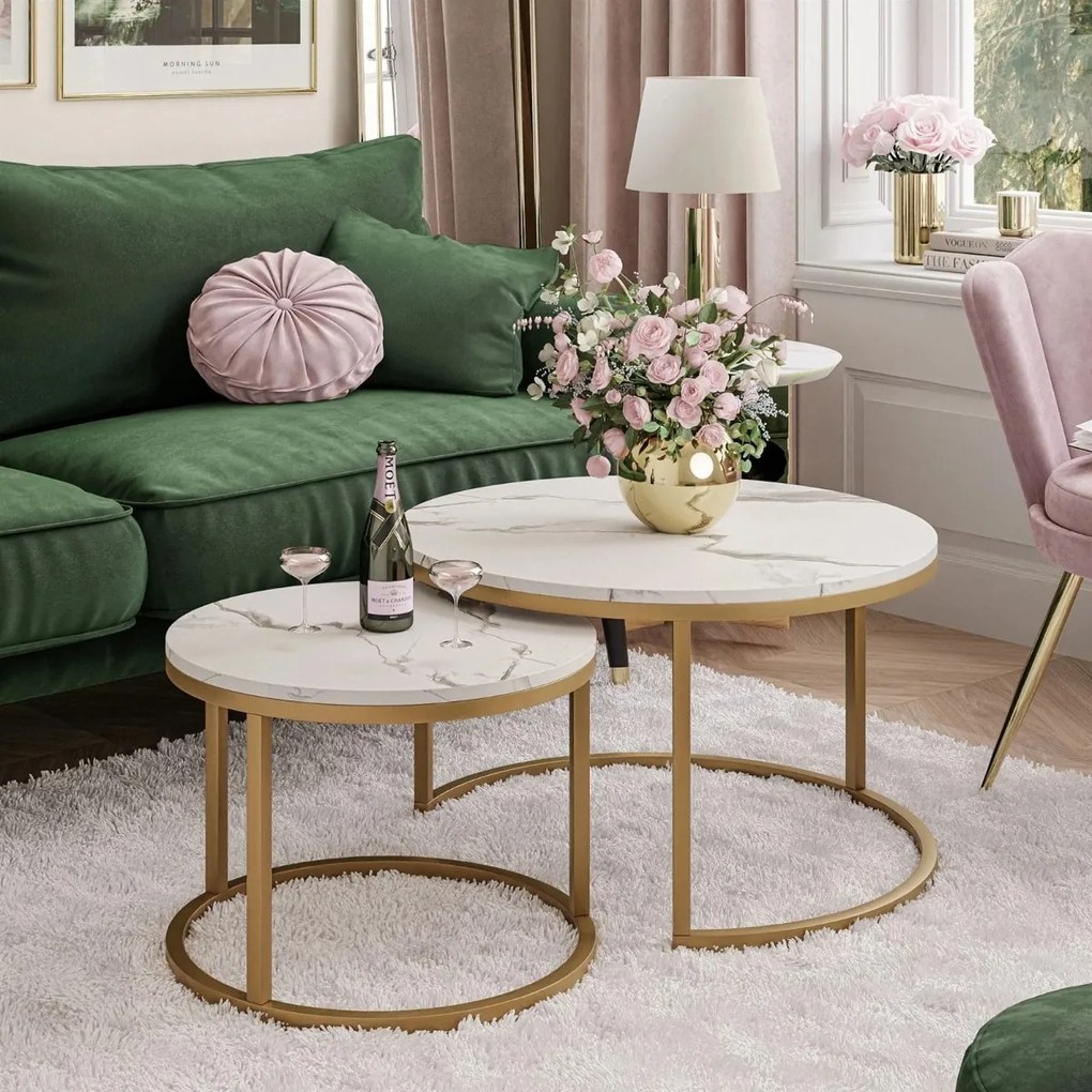 KONFERENČNÝ STOLÍK DIJON 2v1 BIELY MRAMOR + ZLATÝ PODSTAVEC