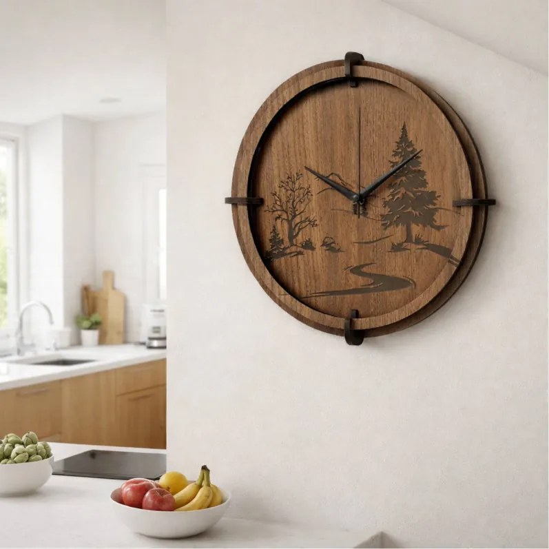 Drevené nástenné hodiny s motívom lesa – moderný dizajn | SENTOP HDF0588-ORECH-WENGE