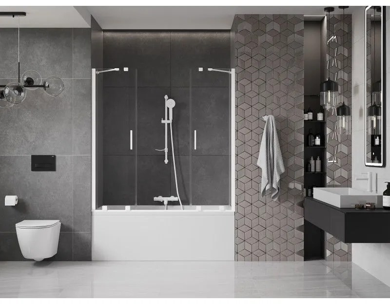 Mexen Velar Duo, 2-krídlová posuvná vaňová zástena 140 x 150 cm, 8mm číre sklo, biely profil, 896-140-000-02-20