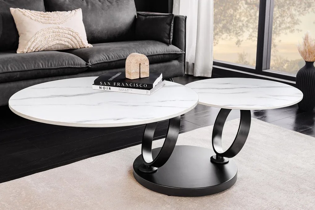 Konferenčný stolík DANCING RINGS 80-135 cm otočný keramický vrch s bielym mramorovým vzhľadom