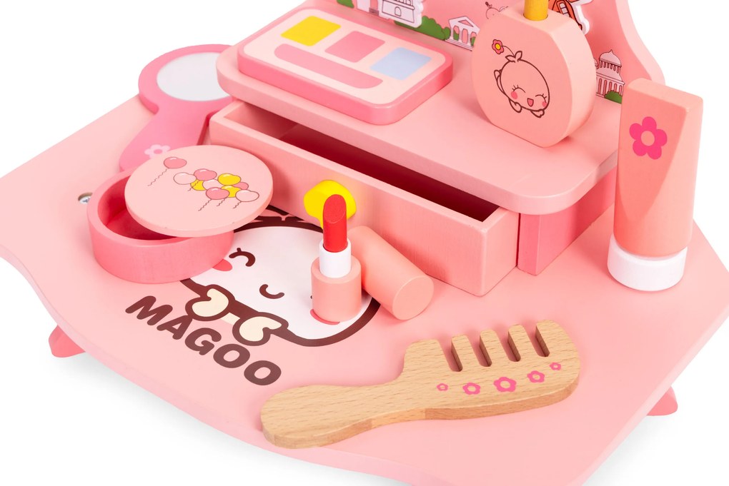 ECOTOYS Drevená toaletka pre dievčatá so zrkadlom a 7 doplnkami