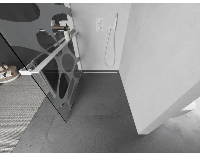Mexen Kioto+ L, sprchová zástena Walk-In s poličkou a vešiakom 70 x 200 cm, 8mm číre sklo biely vzor, biely profil, 800-070-123-20-97