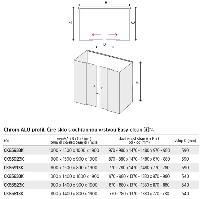 Mereo Mereo, Sprchový kút, Lima, U obdĺžnik, výška 190 cm, chróm ALU, sklo Číre, MER-CK85933K