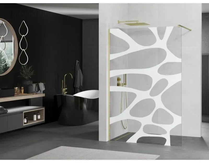 Mexen Kioto, sprchová zástena Walk-In 90 x 200 cm, 8mm číre sklo biely vzor, zlatý matný profil, 800-090-101-55-97