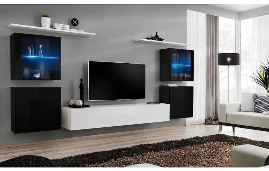 Obývacia stena Switch Sklo +LED XIV čierna /Biely