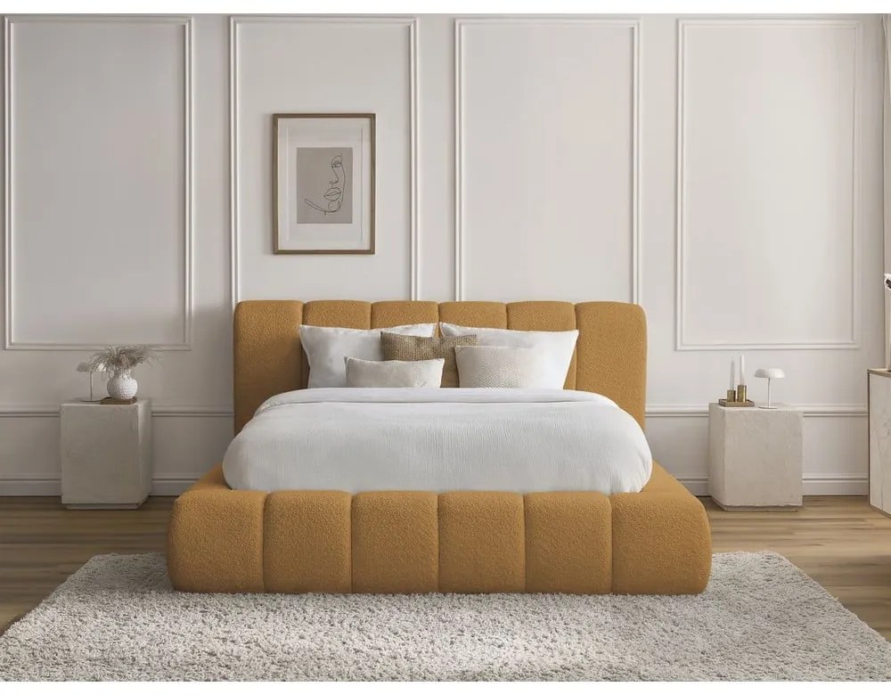 Čalúnená dvojlôžková posteľ s úložným priestorom s roštom 160x200 cm v horčicovej farbe Denali – Bobochic Paris