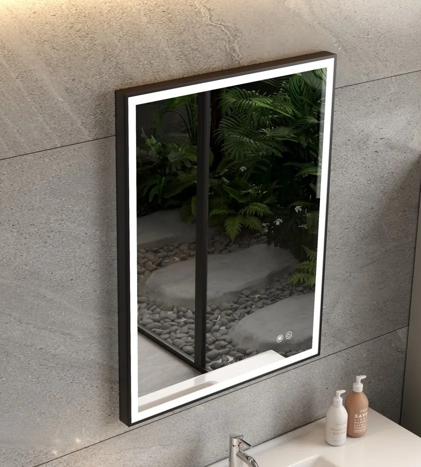 Erga Samira, LED zrkadlo 60x80cm v čiernom ráme, 2185 lm, 3 farby svetla, predné osvetlenie, ERG-V01-SAMIRA-6080-BK