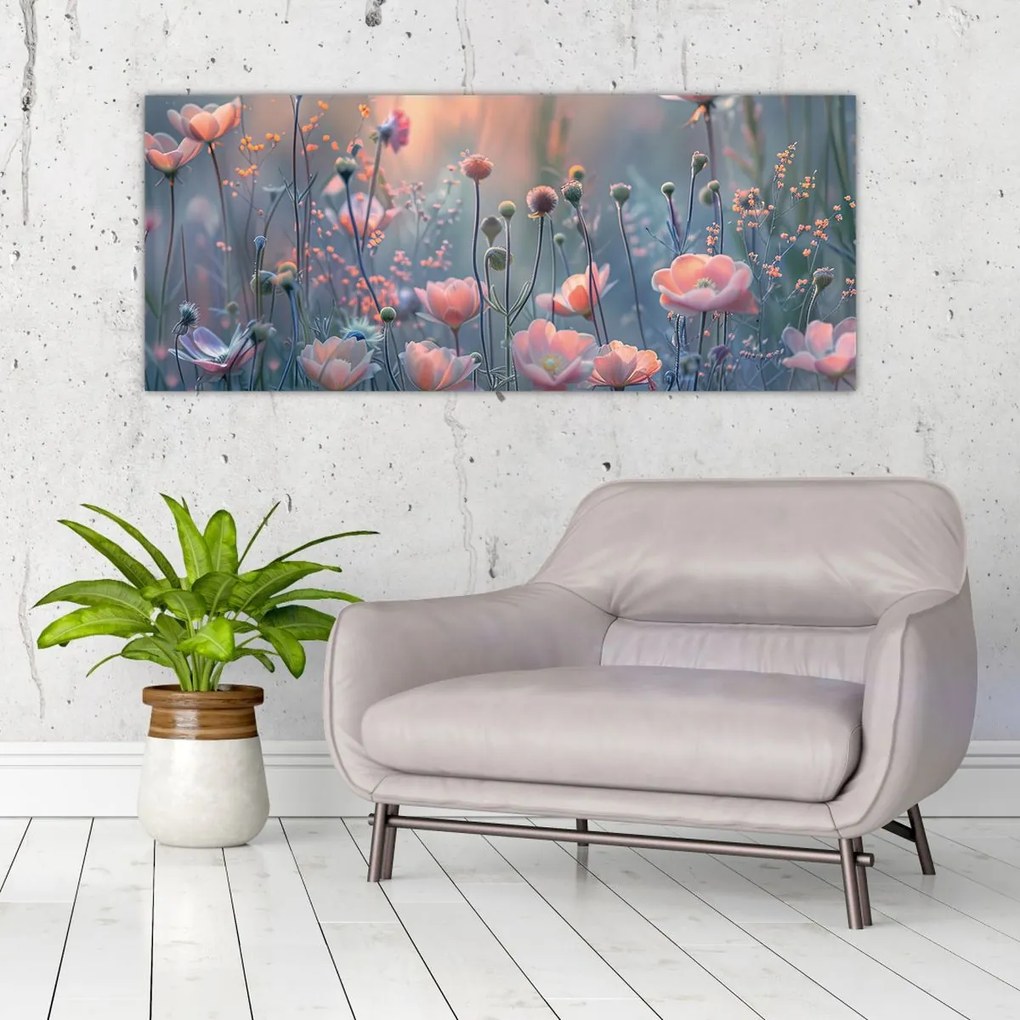 Obraz - Kvety v pastelových farbách (120x50 cm)