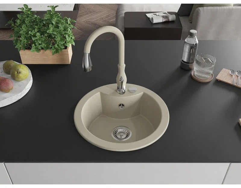Mexen Diego, 1-komorový granitový drez 488x488x167 mm a drezová batéria Savita, béžová, 6512-69-672601-69