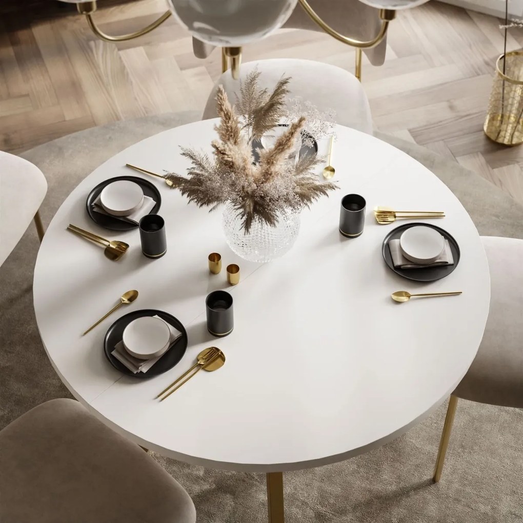 OKRÚHLY ROZKLADACÍ JEDÁLENSKÝ STÔL EWALD BIELY MATNÝ + ZLATE NOHY 100/140 cm