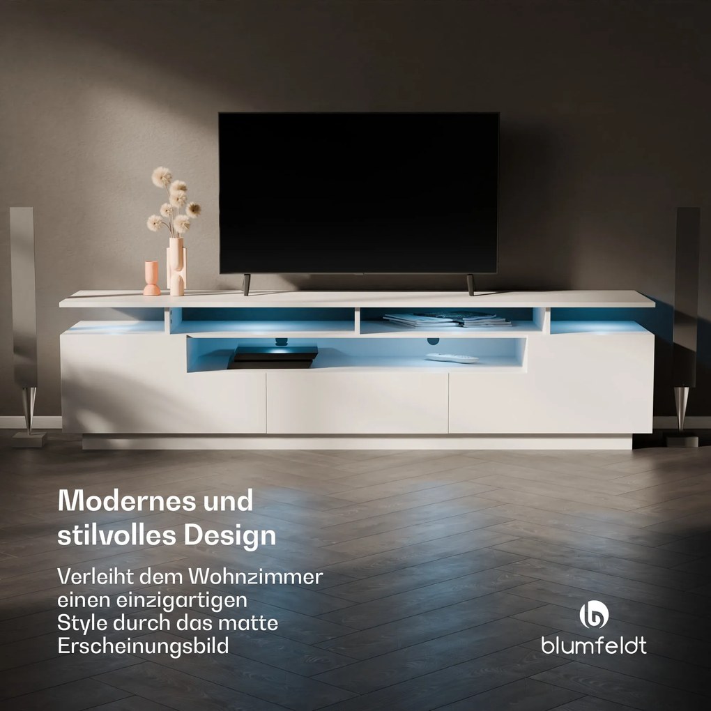 blumfeldt Perth Lowboard , TV skrinka, LED, 3 police, biela, 195 x 33 x 50 cm