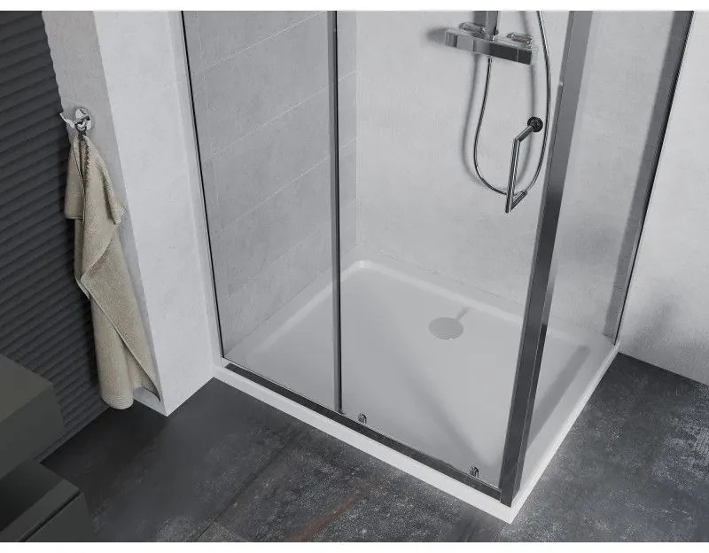 Mexen Apia, sprchový kút s posuvnými dverami 120 (dvere) x 80 (stena) cm, 6mm číre sklo, chrómový profil + slim sprchová vanička 5cm, 840-120-080-01-00-4010