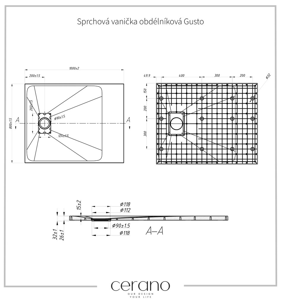Cerano Gusto, obdĺžniková sprchová vanička 100x80x3 cm z minerálneho kompozitu, čierna matná, CER-CER-414629