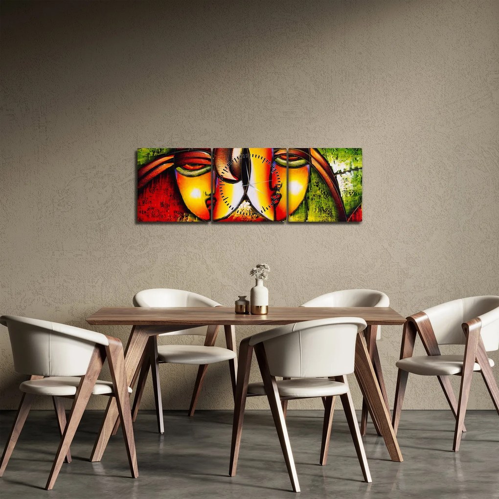 Obraz - Olejomaľba, abstraktné tváre (s hodinami) (90x30 cm)