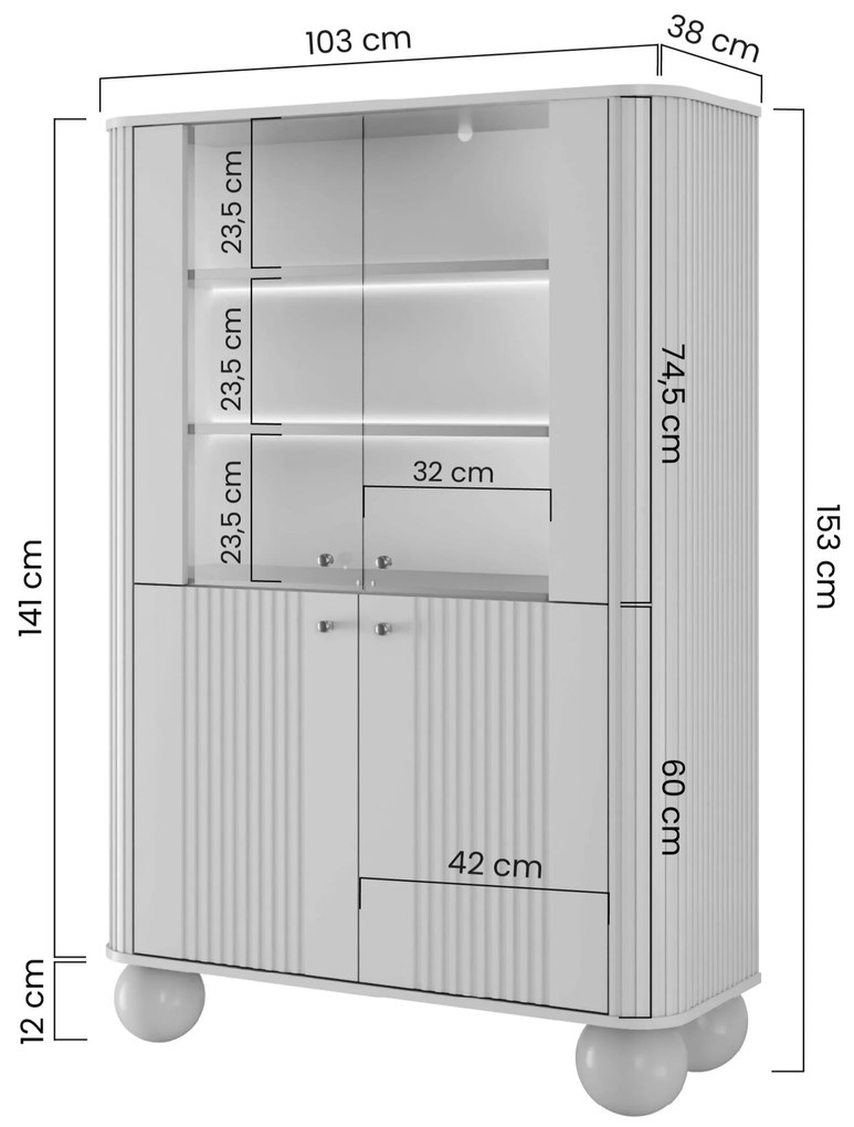 Vitrína Vesper 103 cm štvordverová - kašmír / orech / zlaté úchytky / guľaté nohy