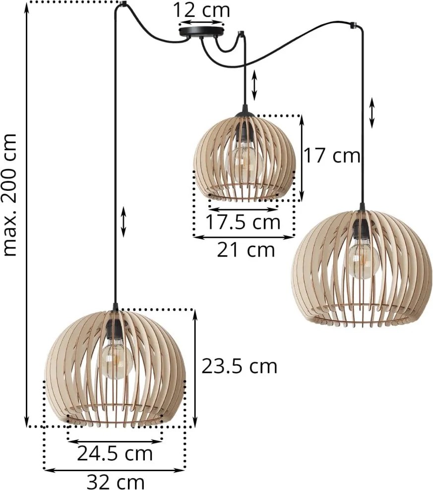 Závesné svietidlo Timber Spider 6, 3x drevené tienidlo