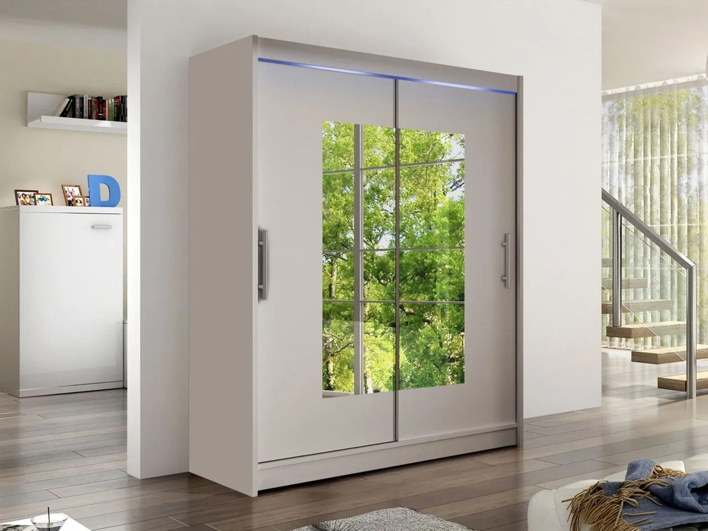 Šatníková skriňa s posuvnými dverami Presto III, Farby: biela, Osvetlenie: osvetlenie LED RGB - farebné