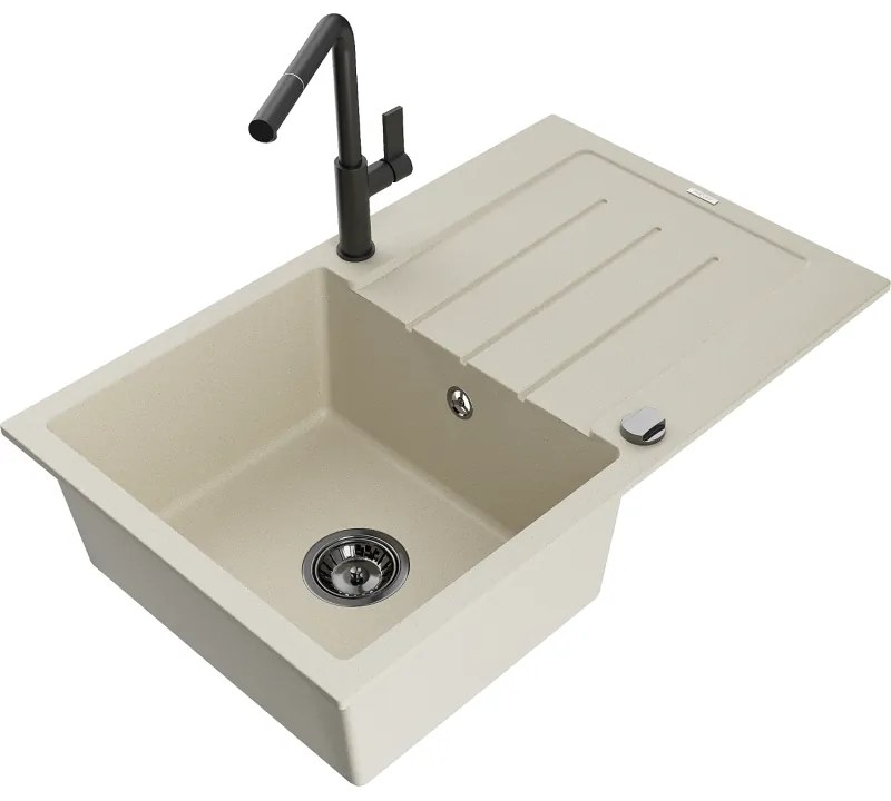 Mexen Bruno, 1-komorový granitový drez 795x495x200 mm a drezová batéria Flora, béžová, 6513-69-670401-70-B