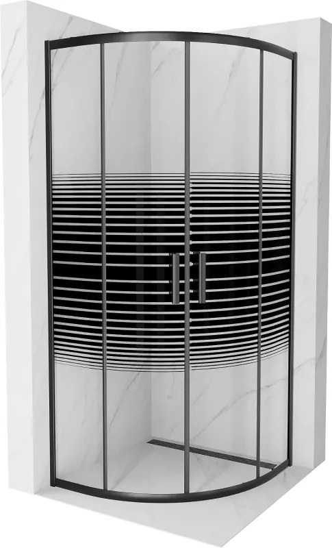 Mexen Rio, štvrťkruhový sprchovací kút s posuvnými dverami 70(dvere) x 70(dvere) x 190 cm, 6mm číre sklo s pásikmi, čierny profil, 863-070-070-70-20