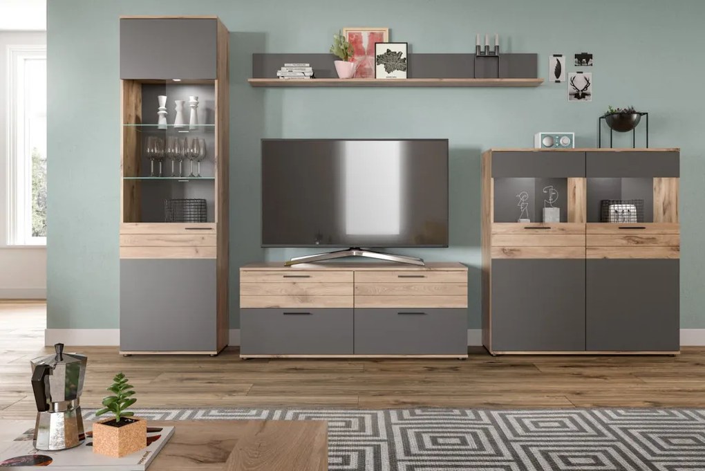 Vysoká vitrína Mason, dub/šedá