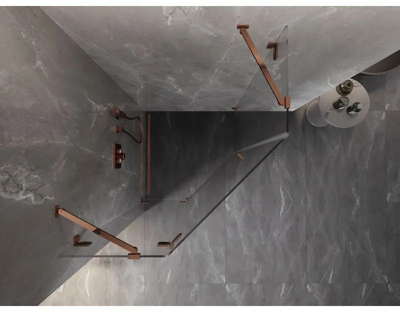 Mexen Lunar, päťuholníkový sprchový kút s ľavým sklonom 90 x 90 cm, 8mm číre sklo, profil ružové zlato, 831-090L-090P-60-00-L