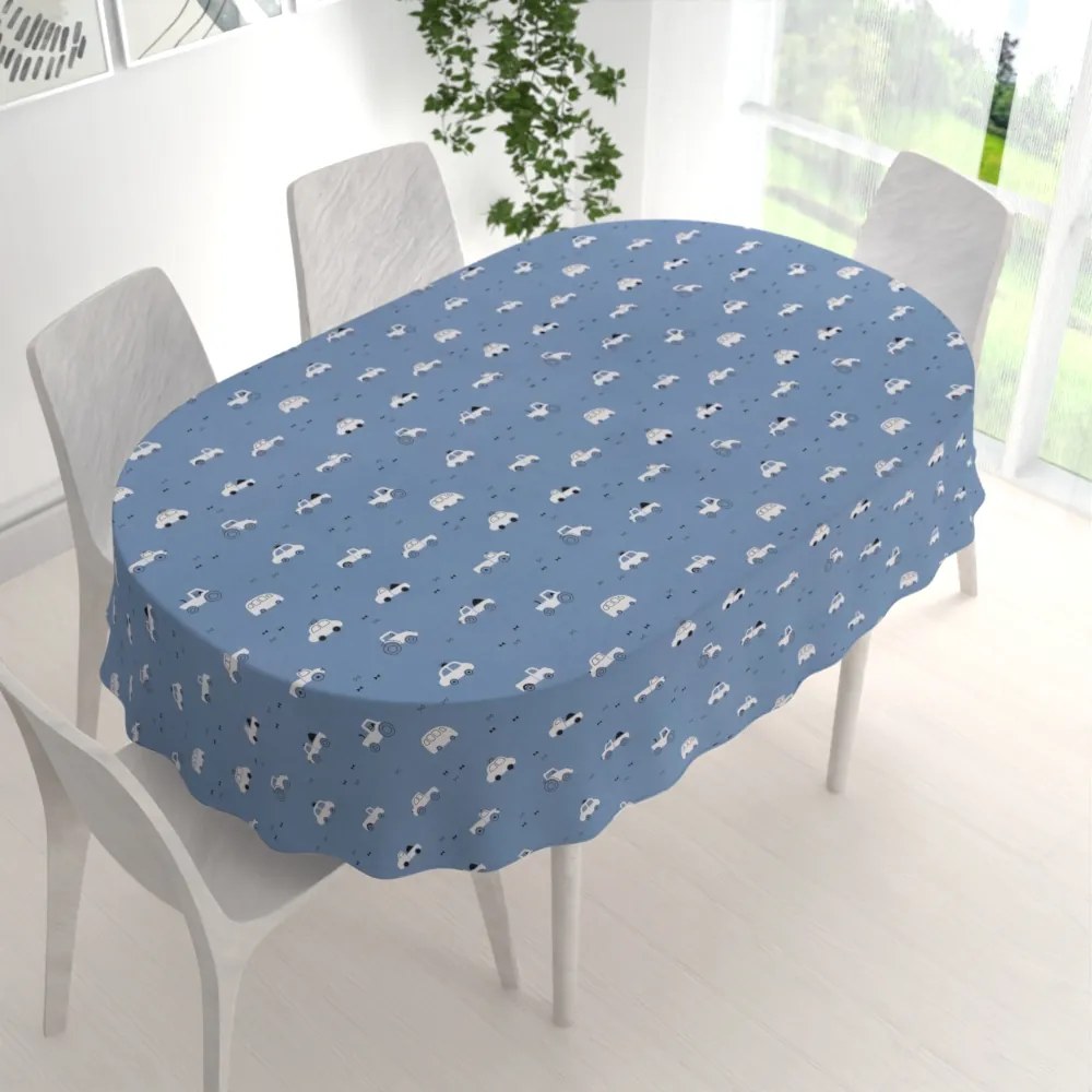 Biante Detský bavlnený oválny obrus Sandra SA-589 Traktory a autíčka na modrom 60x100 cm