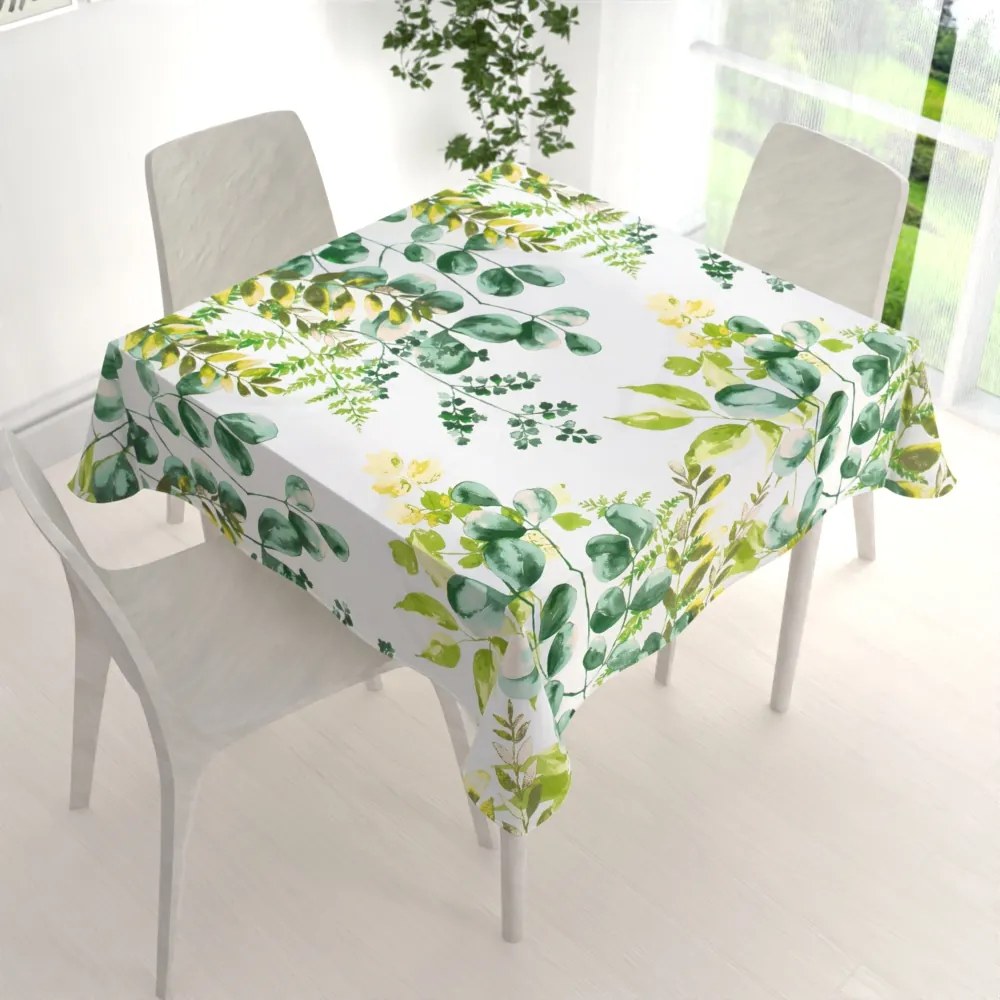 Biante Bavlnený štvorcový obrus Sandra SA-244 Zelený eukalyptus na bielom 150x150 cm