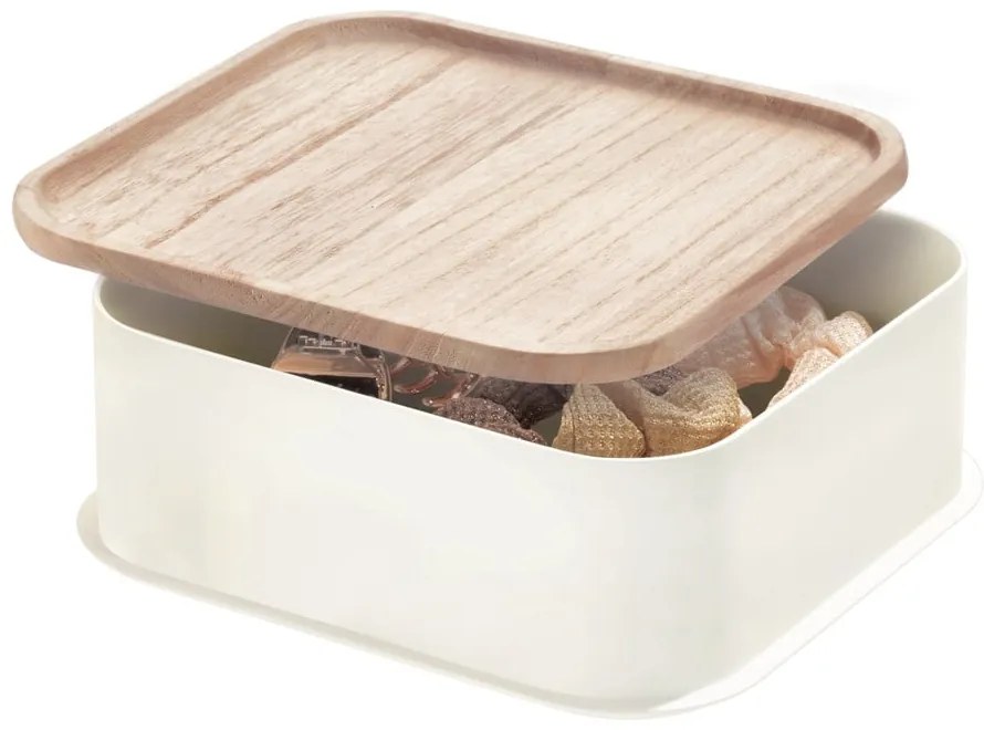 Biely úložný box s vekom z dreva paulownia iDesign Eco, 21,3 x 21,3 cm