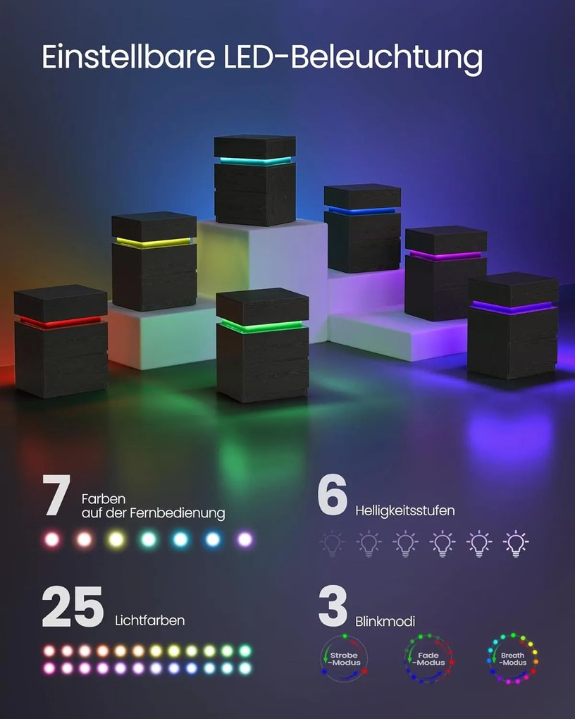 Nočný stolík s viacfarebným nastaviteľným LED pásikom, 3 zásuvky, čierny