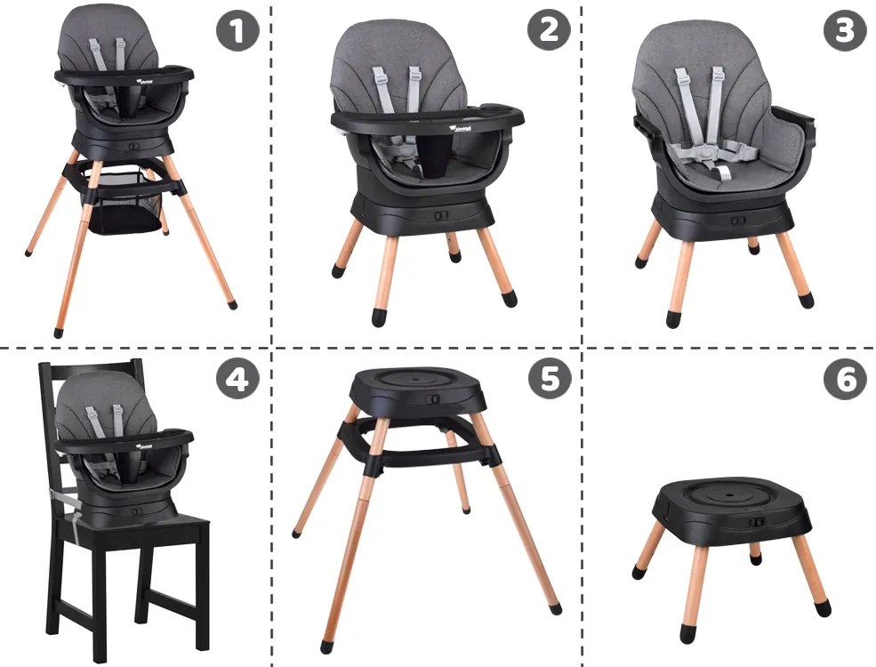 Jokomisiada Viacúčelová otočná stolička na kŕmenie 6v1 pre deti –ZA5659 sivá