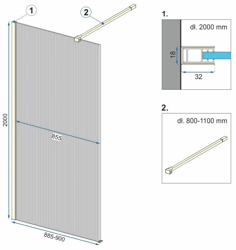 Rea Aero Intimo, Walk-in sprchová zástena 90x200 cm, 8mm drážkované sklo, zlatý matný profil, REA-K4124