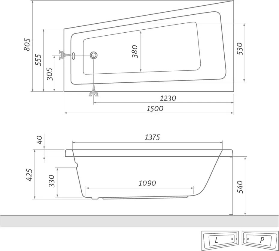 Roth Asymetrická akrylátová vaňa EVA SIDE ROTH-Variant: rozmery: 150x80 cm, orientácia: Pravá - (EVA SIDE P - 9790000)