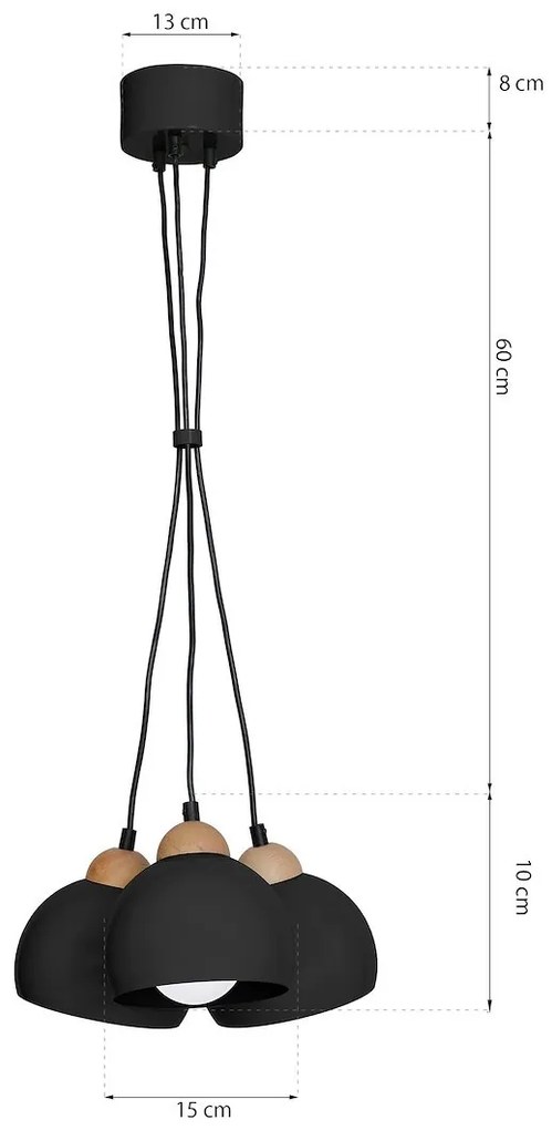 Závesné svietidlo Dama, 3x čierne kovové tienidlo, b/drevo, x