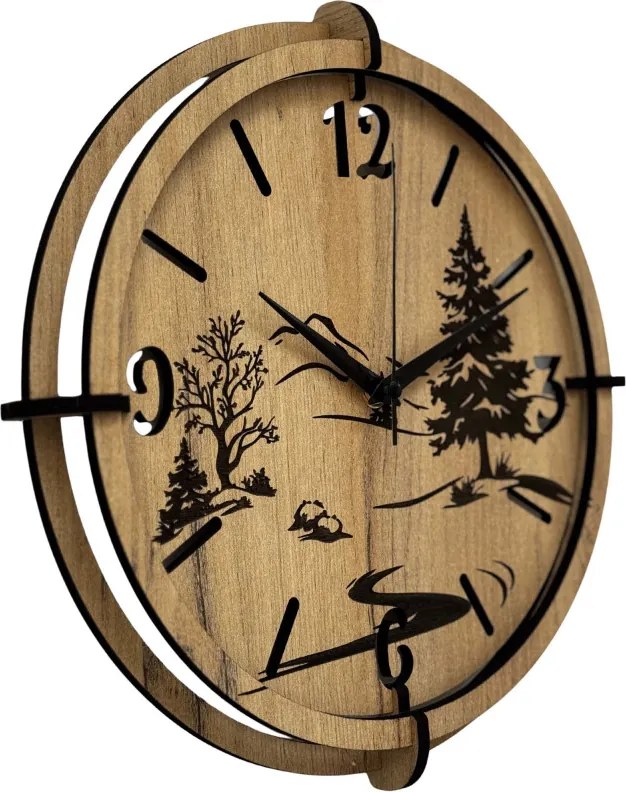 Moderné nástenné hodiny s motívom lesa a hôr | SENTOP HDF0600-GOLD-OAK