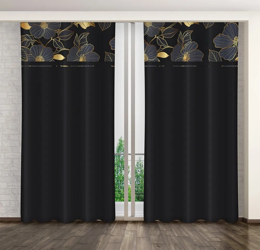 Klasický čierny záves s potlačou zlatých kvetov Šírka: 160 cm | Dĺžka: 250 cm