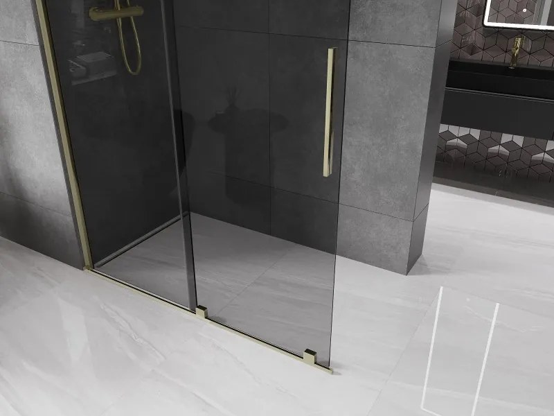 Mexen Velar, sprchová zástena s posuvnými dverami Walk-in 150 x 200 cm, 8mm šedé sklo, zlatá lesklá, 871-150-000-43-50