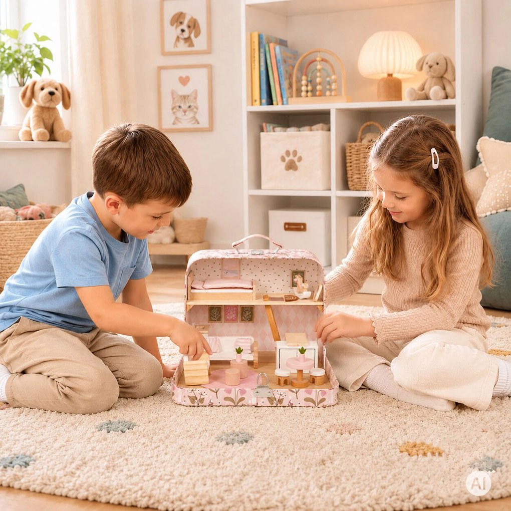 Domček pre bábiky v kufríku, poschodový, s dreveným nábytkom a súpravou 20 doplnkov ECOTOYS