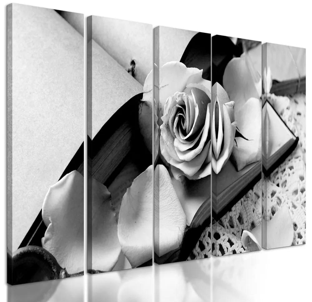 5-dielny obraz ruža a tajný kľúč v čiernobielom prevedení