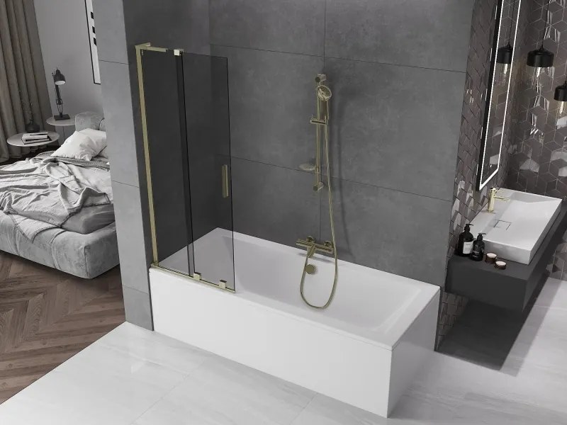 Mexen Velar L, 2-krídlová posuvná vaňová zástena 70 x 150 cm, 8mm šedé sklo, zlatá lesklá, 896-070-003-41-50