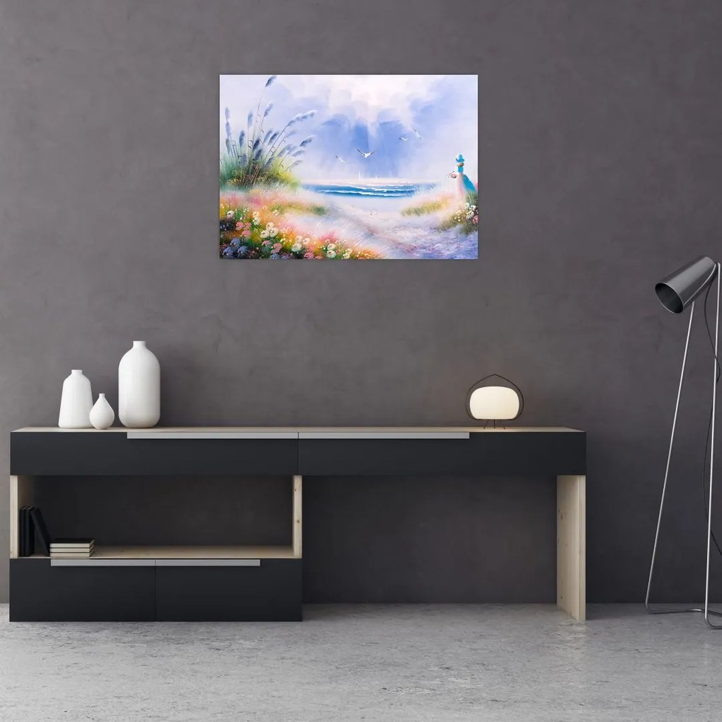 Sklenený obraz - Romantická pláž, olejomaľba (70x50 cm)