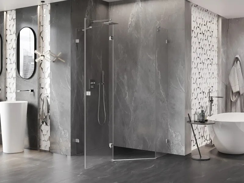Mexen Lunar, päťuholníkový sprchový kút naklápací doľava 90 x 80 cm, 8mm číre sklo, chrómový profil, 831-090L-080P-01-00-L